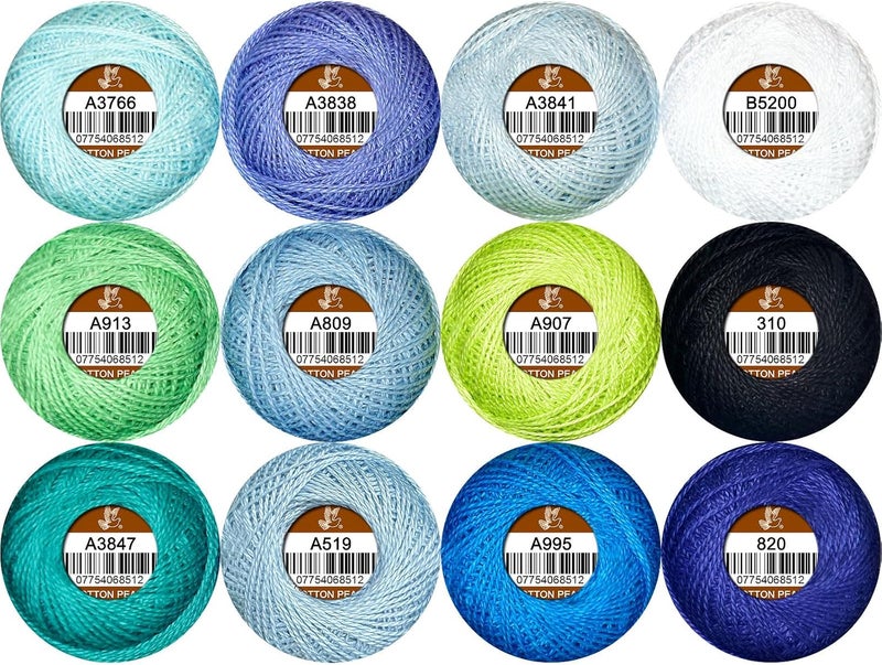 colored bird Double Mercerized Egyptian Long Staple Cotton Pearl Thread Ball 10 Grams Rainbow Color Embroidery Thread 12 Colors per Box for Crochet Hardanger Cross Stitch Hand Embroidery,Bluegreen Series - Image 1